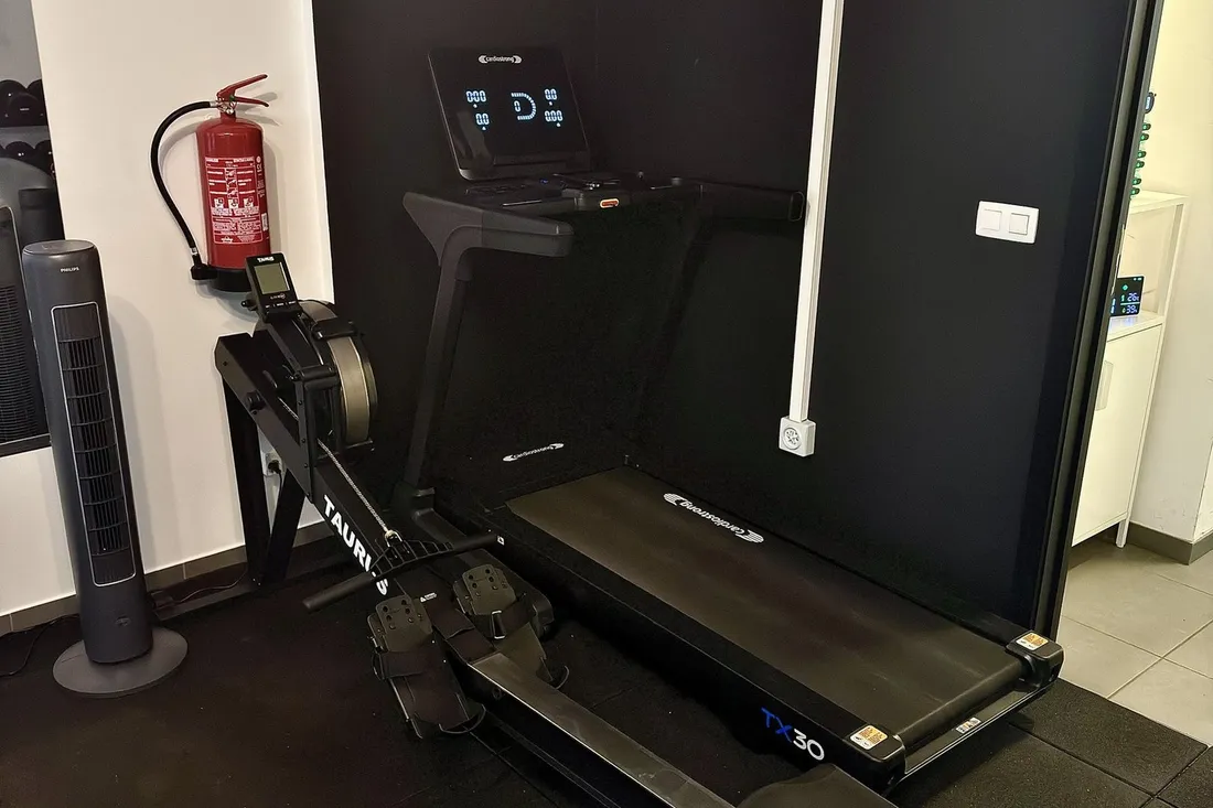 Zone cardio : tapis de course, rameur et ventilateur